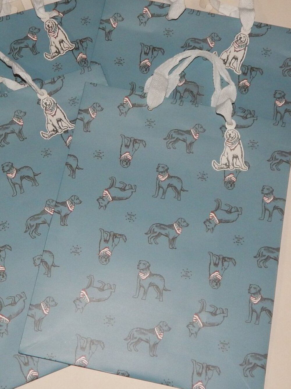 4 Life is Good Blue Paper Gift Bags 13" x 10.5" x 5.75" Labrador German Shepard